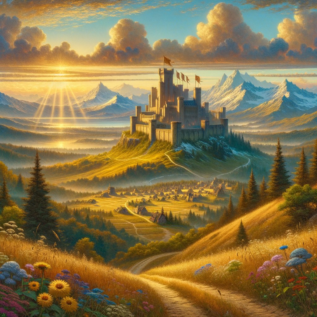 Sunlit hilltop at dawn, medieval castle with banners, winding road