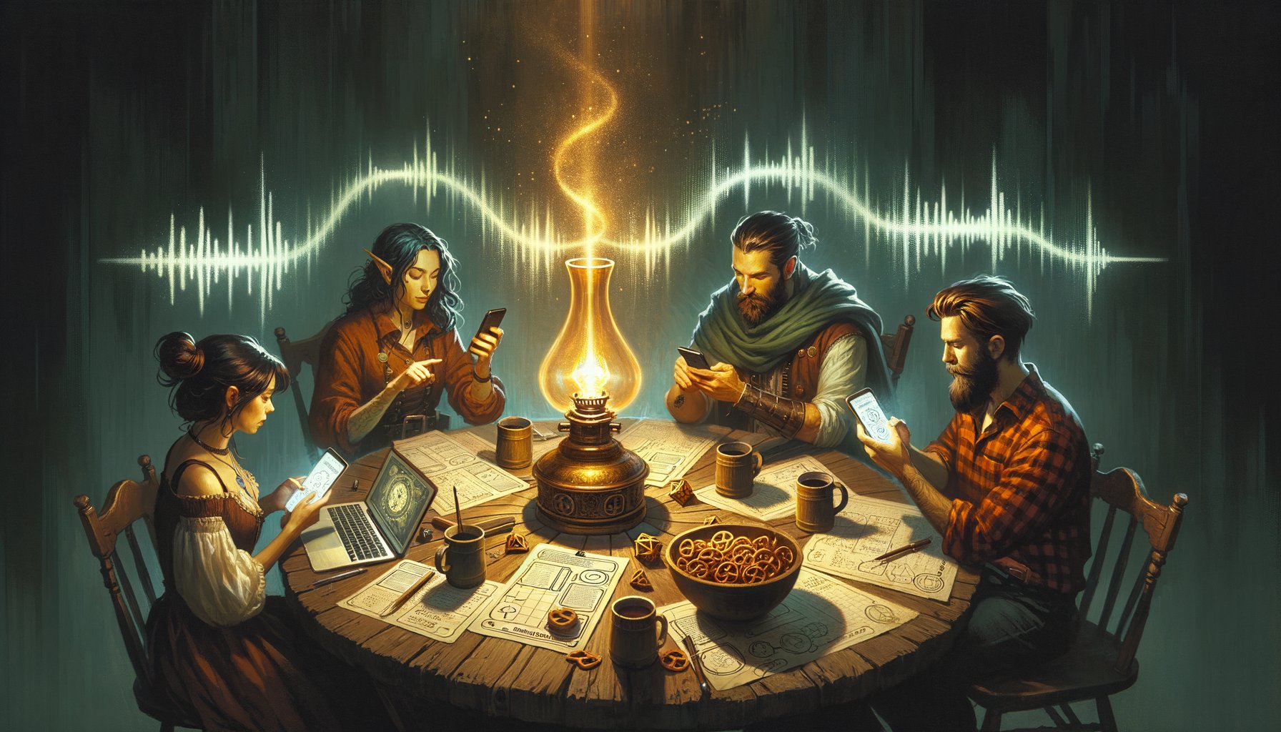 Friends around a table with phones, warm candlelight, D&D character sheets