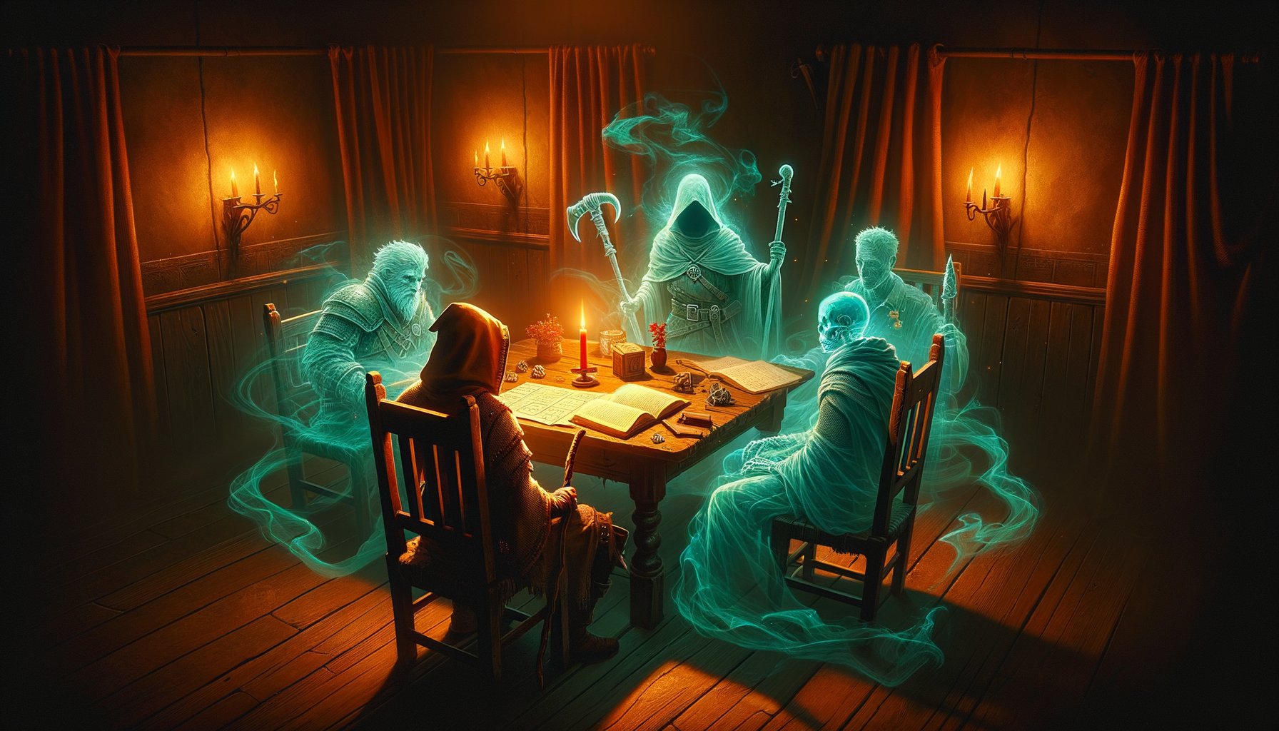 Lone player at a table with translucent glowing AI companion figures